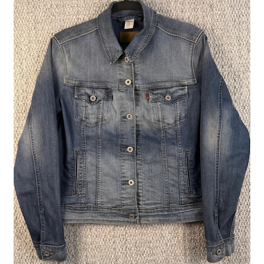 Levis Womens XL Denim Trucker Jacket Blue Jean Stretch Faded Wash Slim Fit